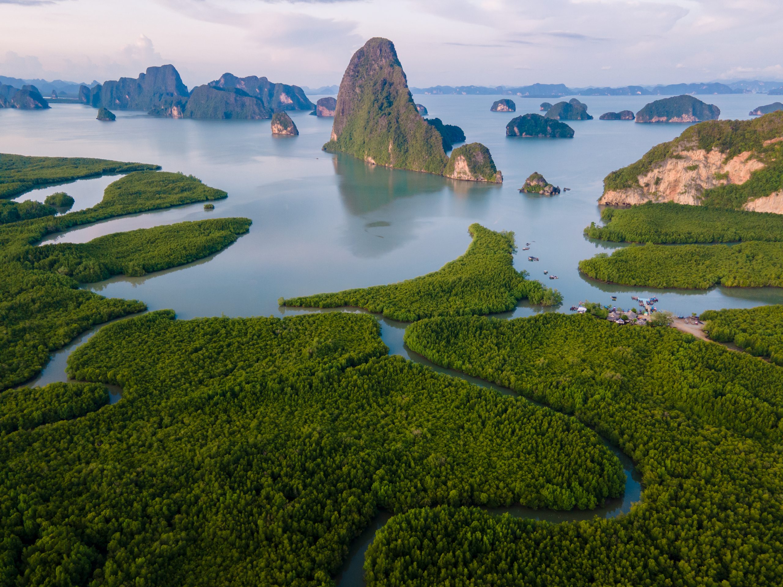 Sametnangshe, view of mountains in Phangnga bay with mangrove forest in andaman sea Thailand panorama view of Sametnangshe, view of mountains in Phangnga bay with mangrove forest in andaman sea with evening twilight sky, travel destination in Phangnga, Thailand